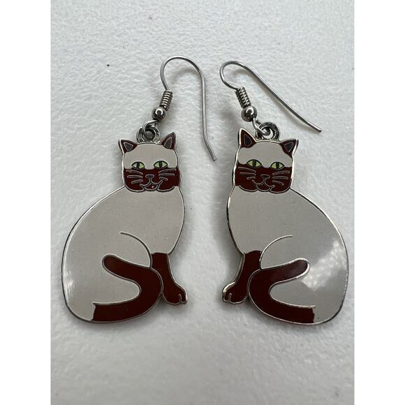 Vintage Reo Dangle Enamel Kitten Cat Gray Brown Fish Hook Earrings